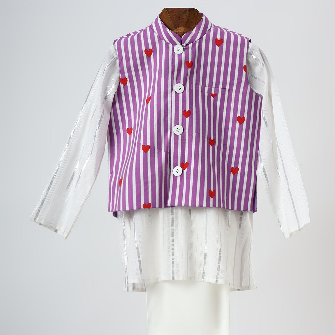 White & Purple Heart Print Jacket Kurta Pyjama Set - image 3