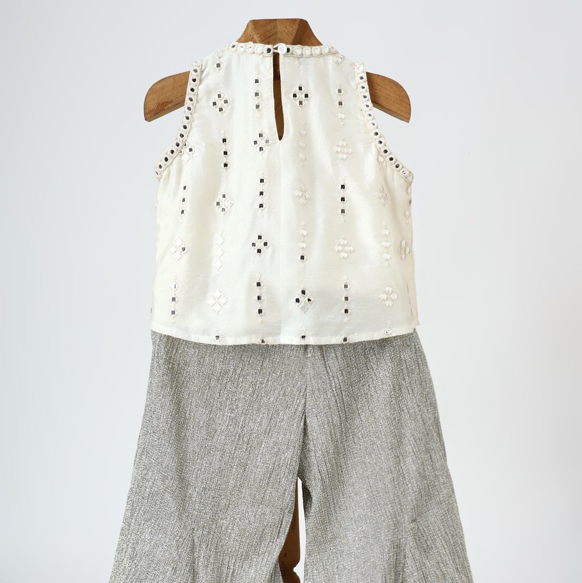 Off White & Silver Grey Mirror Embroidered Crop Top & Palazzo Set - image 3