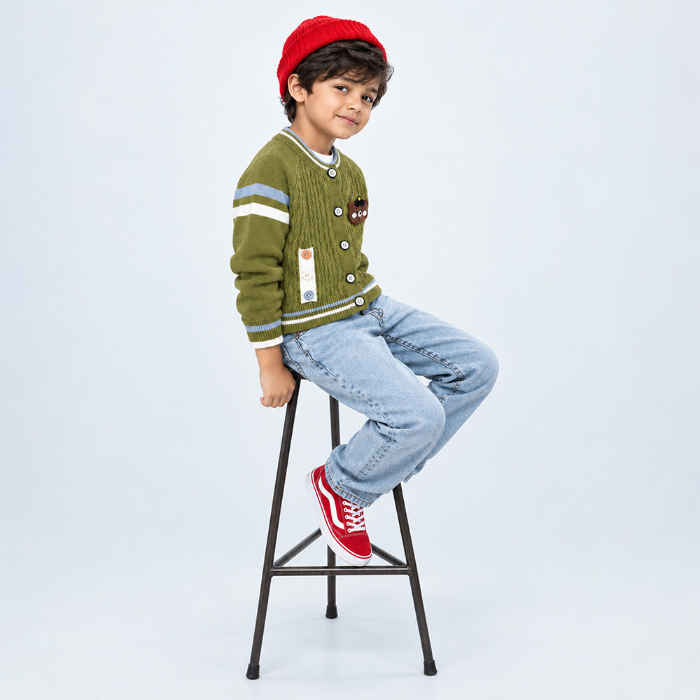 Little Surprise Box, Olive Green Bear Cap Winter Cardigan Sweater for Kids