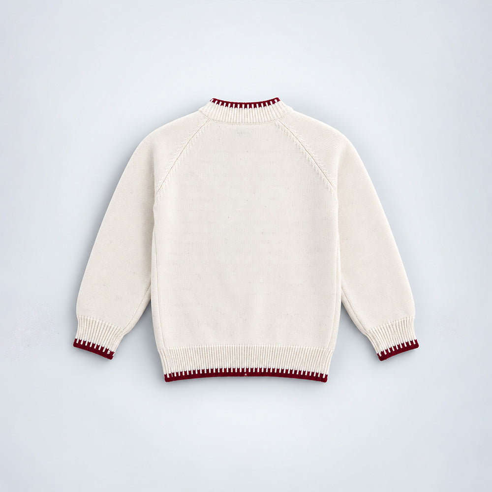 Little Surprise Box, Cream & Maroon Mini Hearts Knitted Winter Cardigan, Christmas Sweater for Kids
