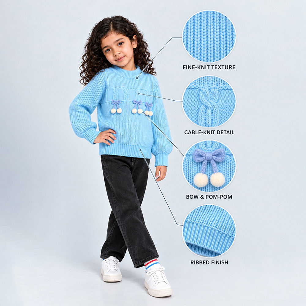 Little Surprise Box, Blue Bow & Pom-Pom Knitted Winter Cardigan Sweater for Girls