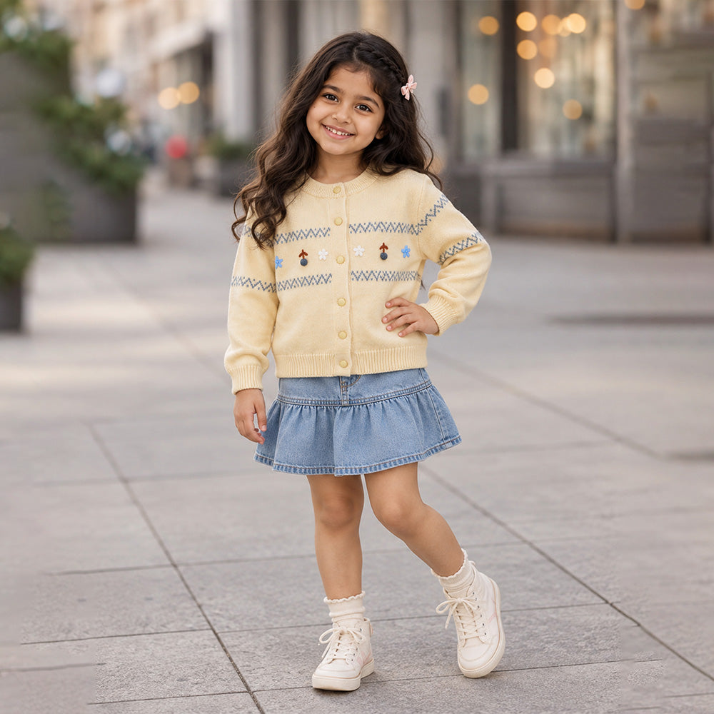 Little Surprise Box, Pastel Yellow Floral Knitted Winter Cardigan Sweater for Kids