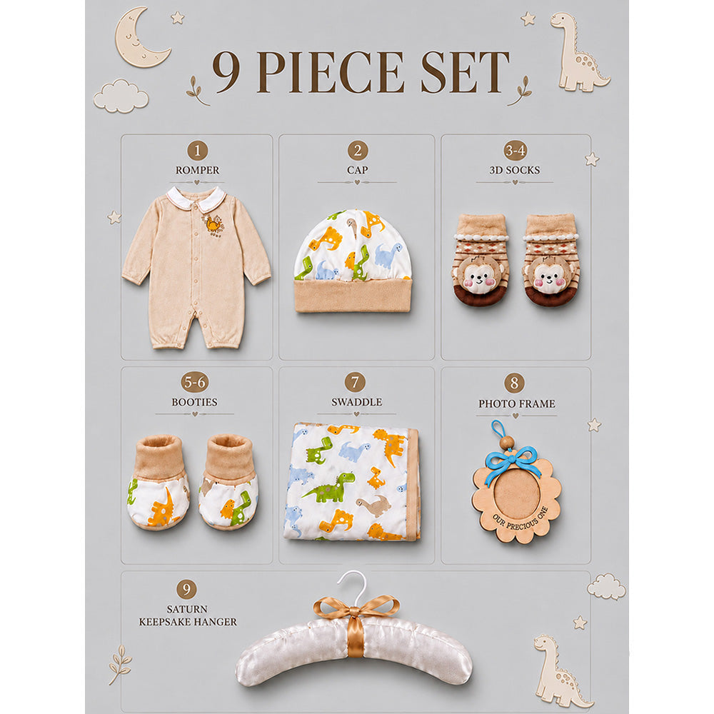 Little Surprise Box 9 Pcs Newborn Baby All Season Wear Net Gift Hamper Set - 0-6M - Beige Animals - image 4
