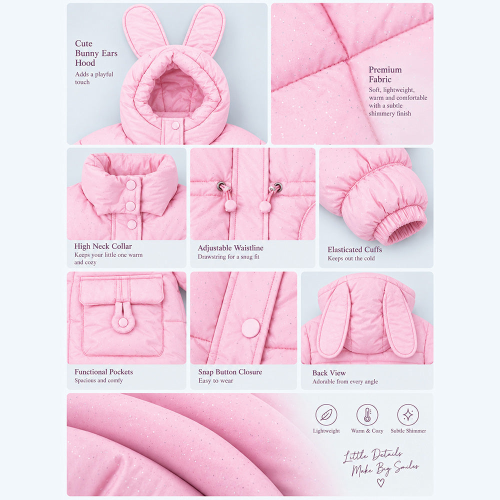 Little Surprise Box Pink Bunny Glitter Quilted Hooded Winter Jacket with Muffler for Kids