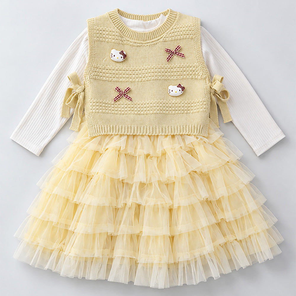 Little Surprise Box, Light Green Kitty Knitted Vest & White-Yellow Ruffle Frock Winterwear 2 Pcs Set for Girls