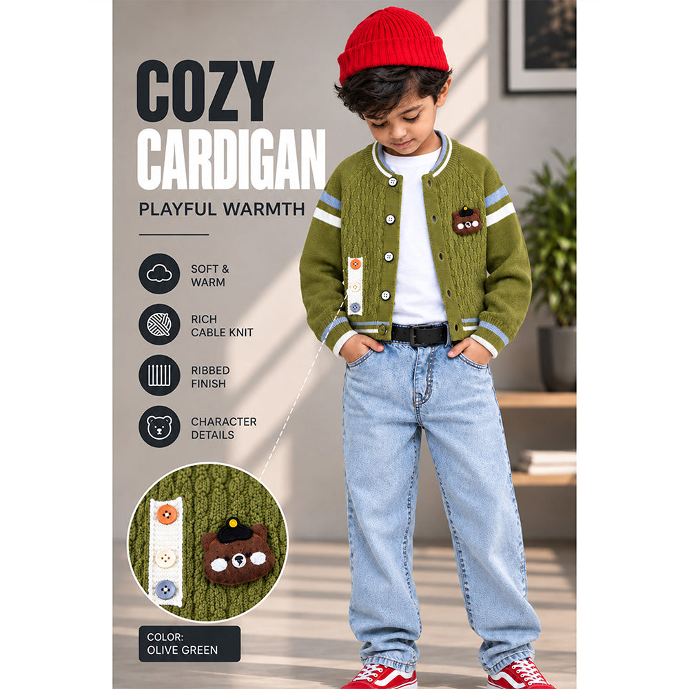 Little Surprise Box, Olive Green Bear Cap Winter Cardigan Sweater for Kids