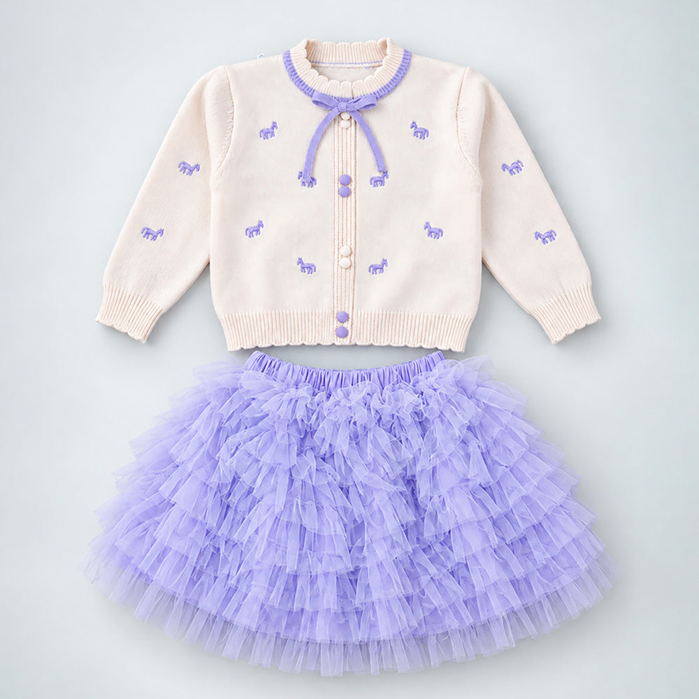 Little Surprise Box, Ivory Horse Sweater & Purple Ruffle Skirt with Detachable Bow Clip, Winterwear 2 Pcs Set for Girls