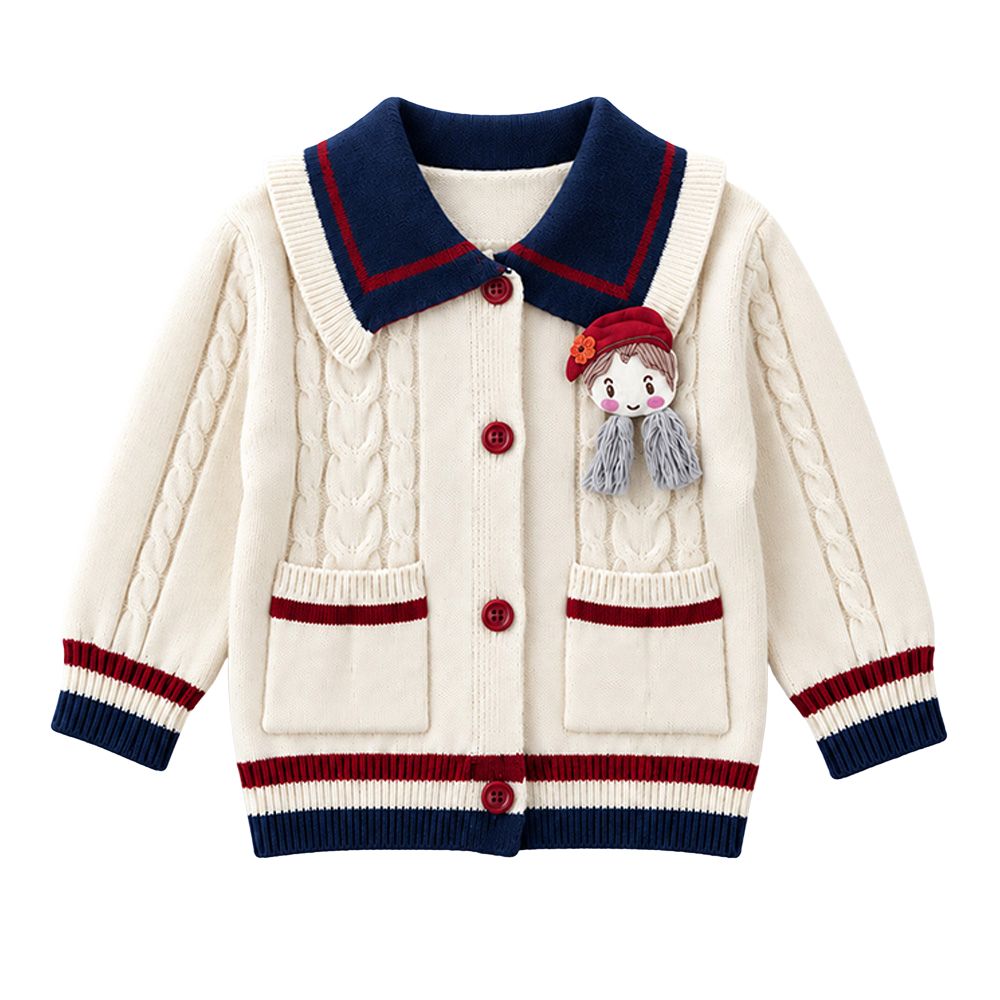 Little Surprise Box, Dusty Beige Cable-Knit Sailor Collar Winter Cardigan Sweater with Detachable Doll Clip for Girls