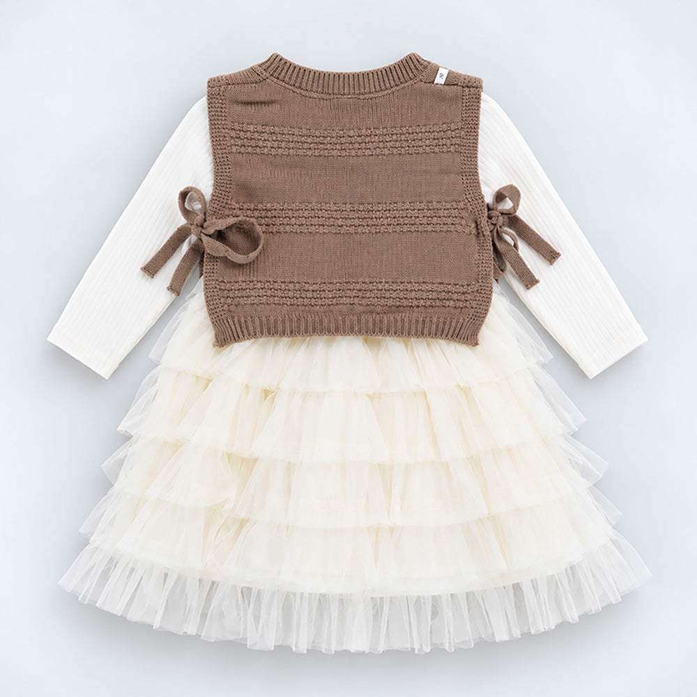 Little Surprise Box, Brown Kitty Knitted Vest & White-Ivory Ruffle Frock Winterwear 2 Pcs Set for Girls