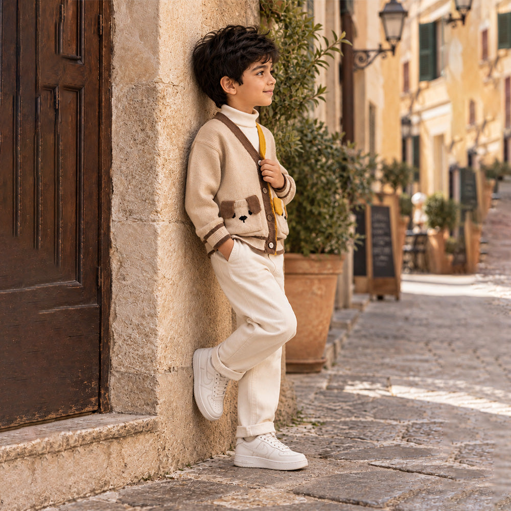 Little Surprise Box, Beige V-Neck Puppy Pocket V Neck Winter Cardigan Sweater for Kids