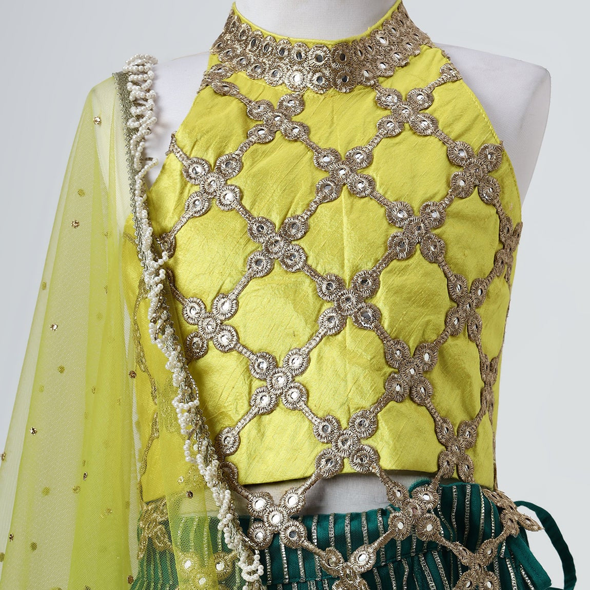 Yellow & Green Organza Mirrorwork Lehenga Set - MMR13 - image 4