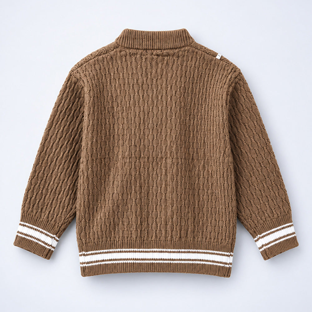 Little Surprise Box, Brown Cable-Knit Winter Cardigan Sweater with Detachable Teddy Clip for Kids