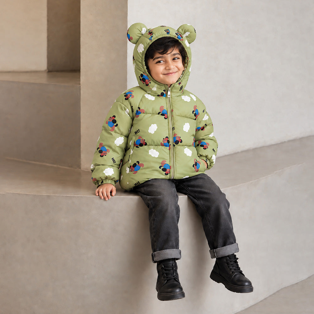 Little Surprise Box Sage Green Puppy & Cloud Quilted Hooded Winter Jacket for Kids