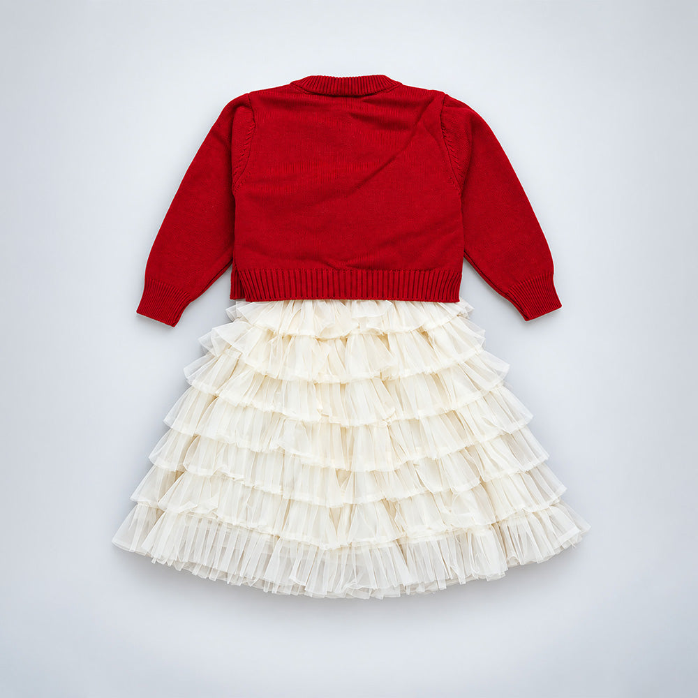 Little Surprise Box, Red 3D Bow Cardigan & White-Ivory Ruffle Frock, Winterwear 2 Pcs Set for Girls