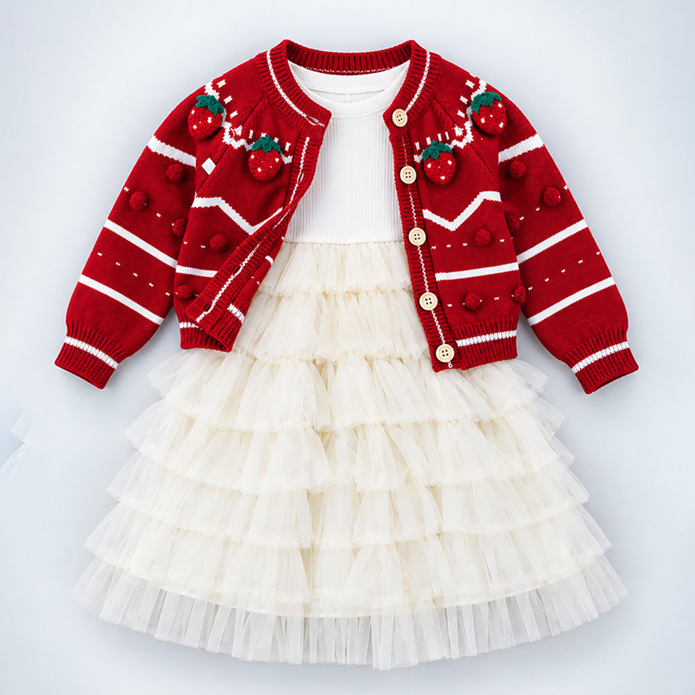 Little Surprise Box Strawberry Cardigan and Ruffle Frock Winterwear 2 Pcs Set for Girls
