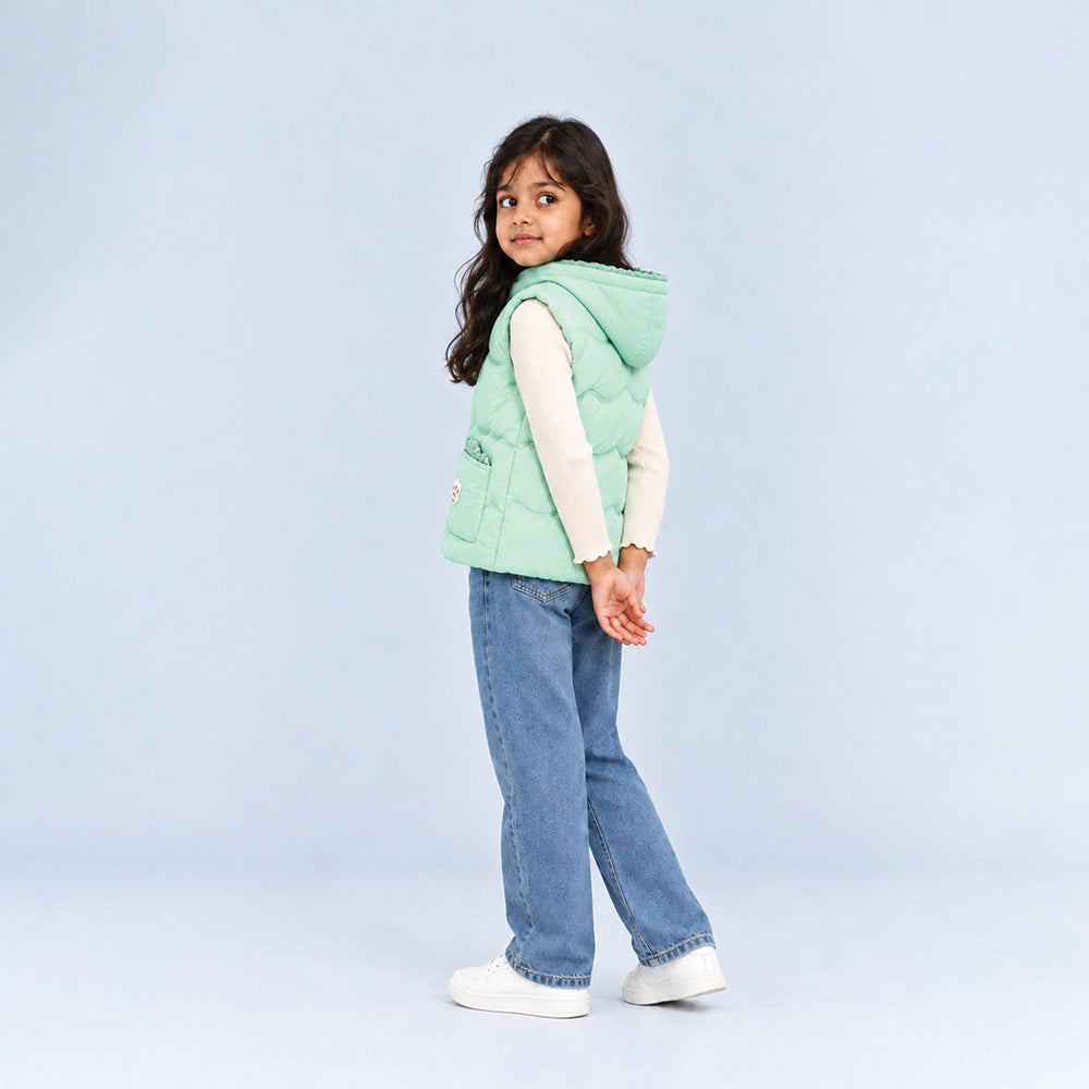 Little Surprise Box Green Bunny-Themed Quilted Hooded Sleeveless Winter Jacket for Kids