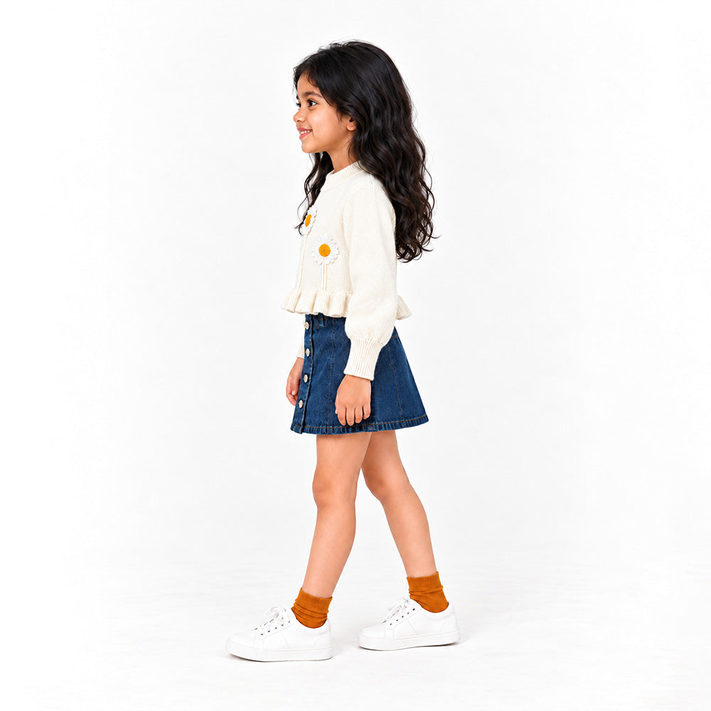 Little Surprise Box, Cream Daisy Knitted Peplum Winter Cardigan Sweater for Girls