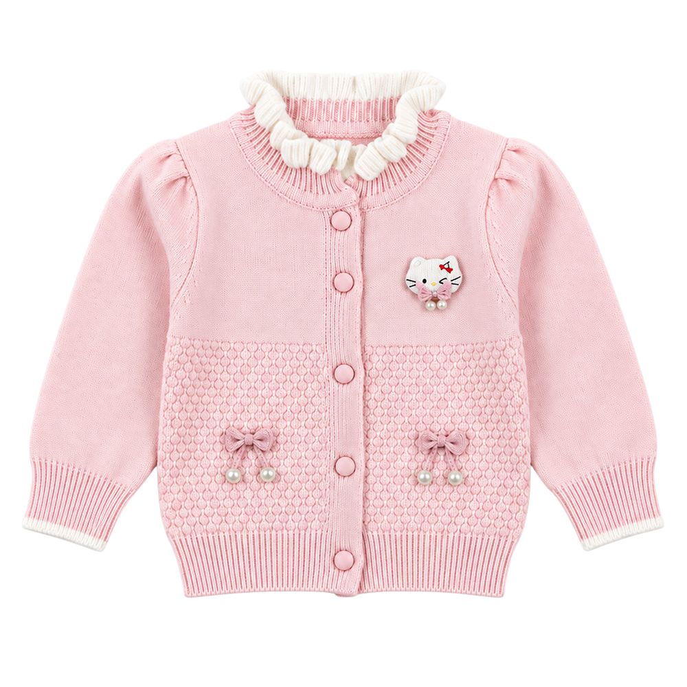 Little Surprise Box, Peach Ruffle Neck Cat Bow Knitted Winter Cardigan Sweater for Girls