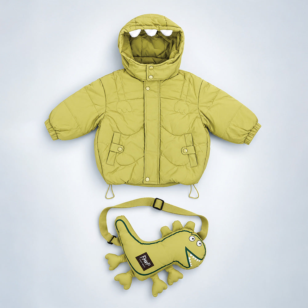 Little Surprise Box Olive Green Dino-Themed Quilted Hooded Winter Jacket for Kids