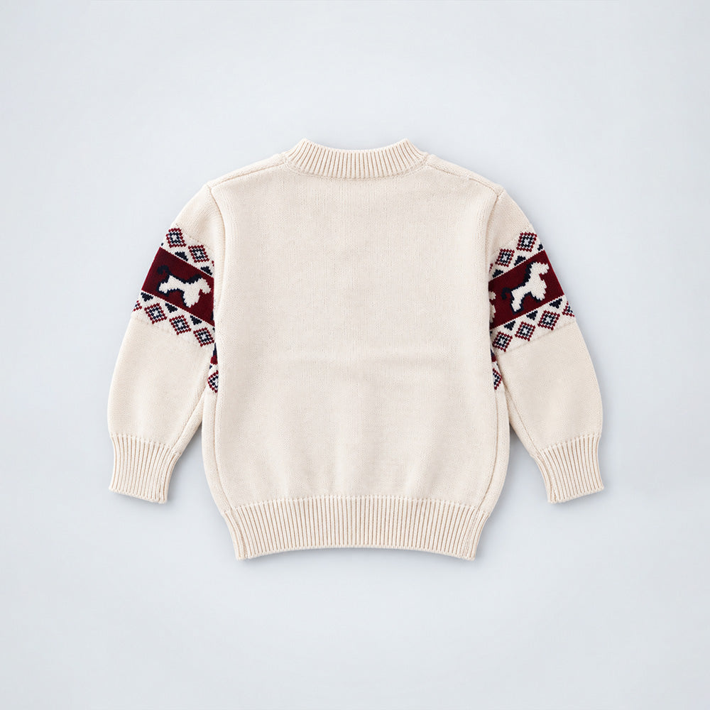 Little Surprise Box, Cream, Maroon & Navy Pattern Knitted Winter Cardigan, Christmas Sweater for Kids