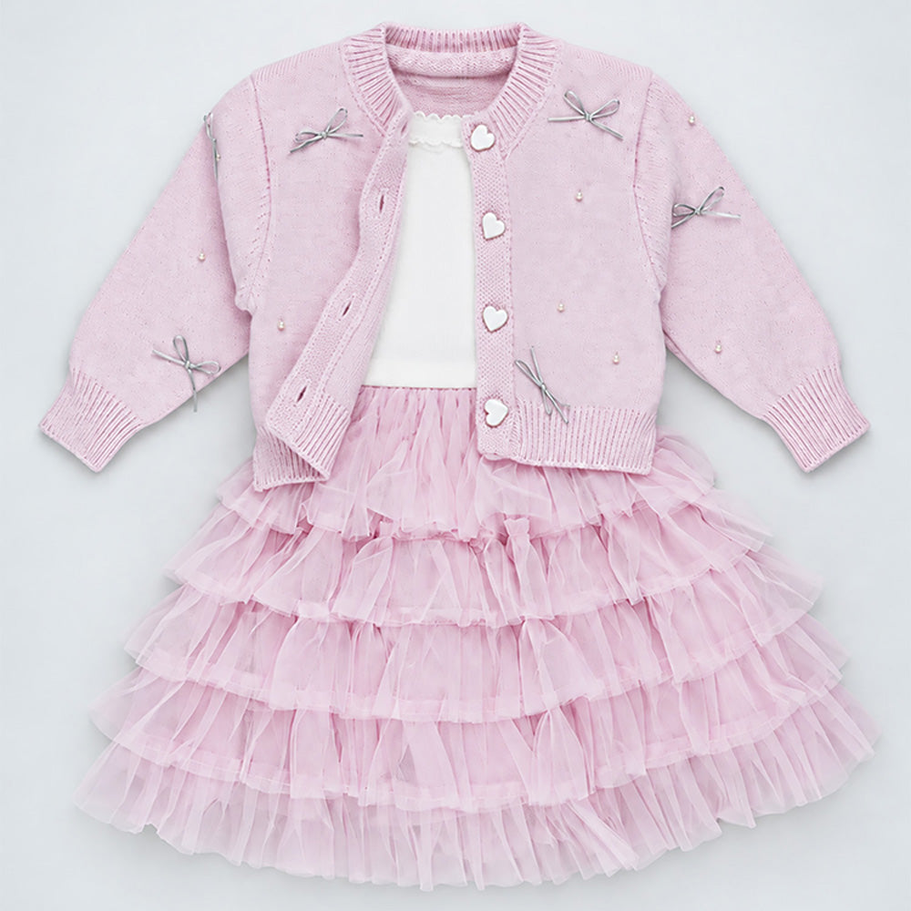 Little Surprise Box Pearl & Silver Bow Cardigan and Ruffle Frock Winterwear 2 Pcs Set for Girls
