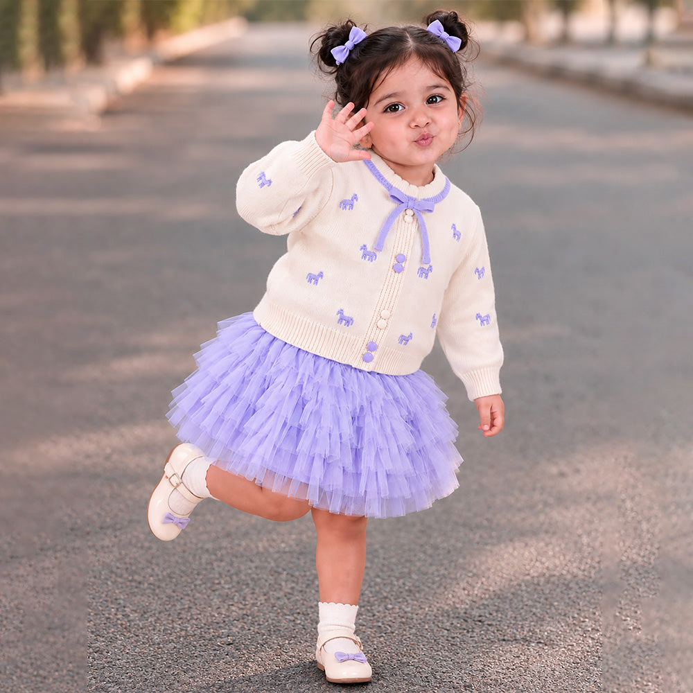 Little Surprise Box, Ivory Horse Sweater & Purple Ruffle Skirt with Detachable Bow Clip, Winterwear 2 Pcs Set for Girls