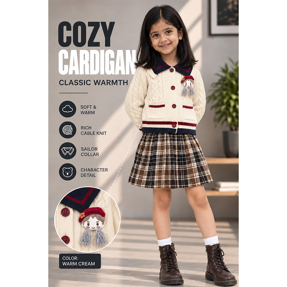 Little Surprise Box, Dusty Beige Cable-Knit Sailor Collar Winter Cardigan Sweater with Detachable Doll Clip for Girls