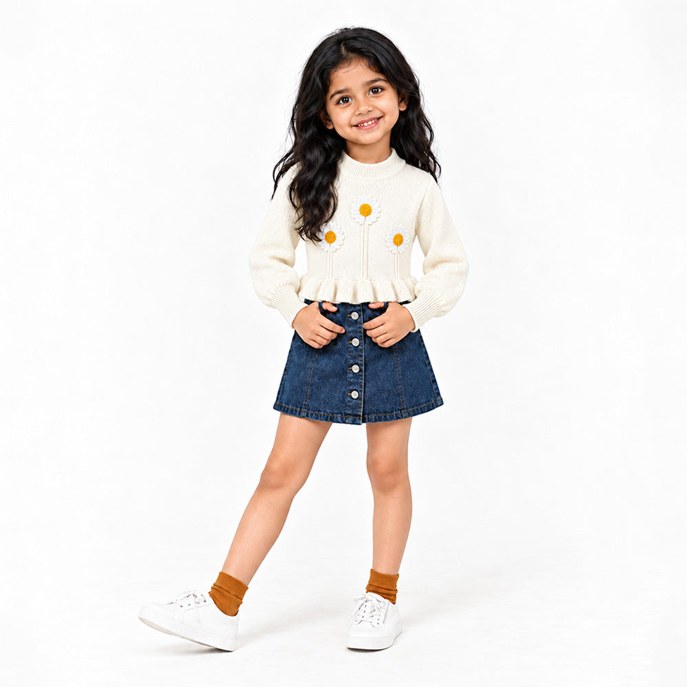 Little Surprise Box, Cream Daisy Knitted Peplum Winter Cardigan Sweater for Girls