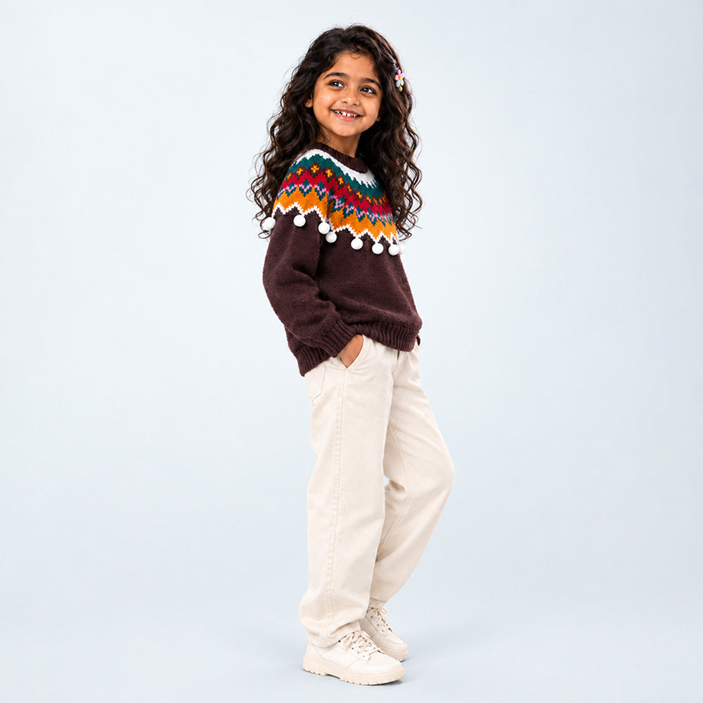 Little Surprise Box, Brown Multi Color Pompom Winter Cardigan Sweater for Kids