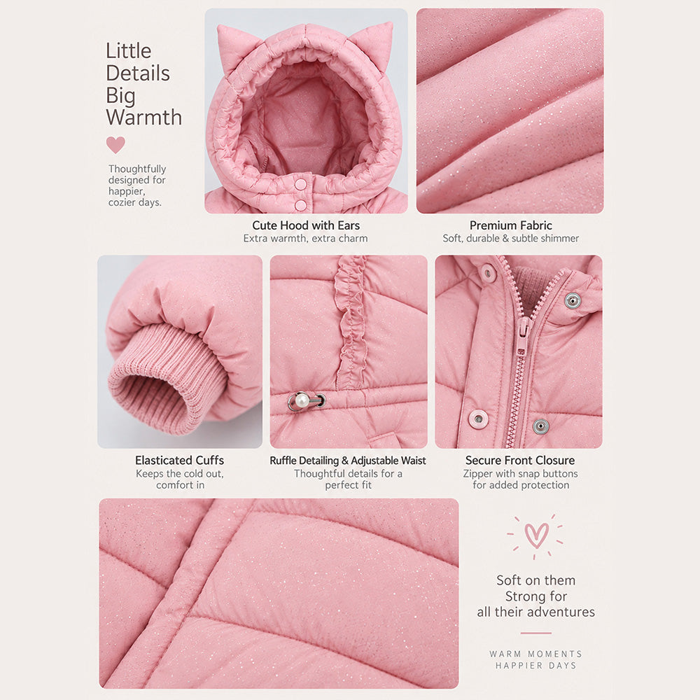 Little Surprise Box Pink Cat Glitter Quilted Hooded Winter Jacket with Mittens for Kids