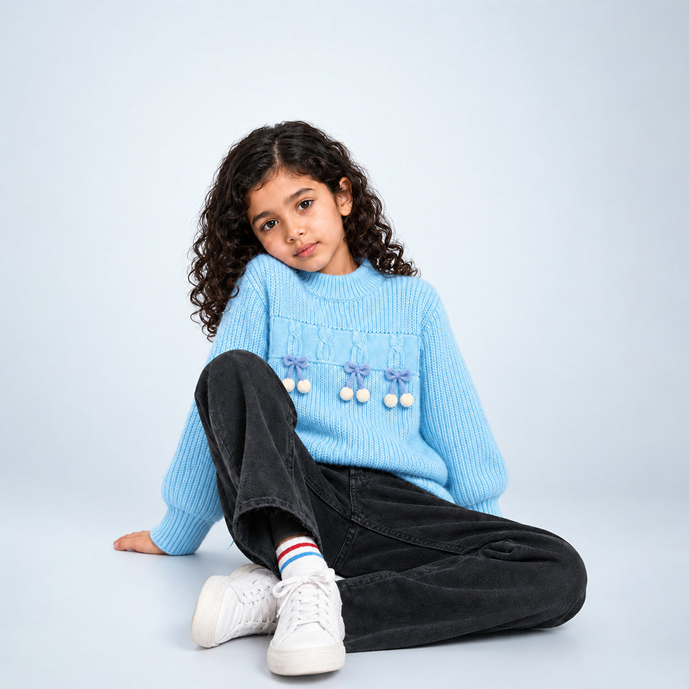 Little Surprise Box, Blue Bow & Pom-Pom Knitted Winter Cardigan Sweater for Girls