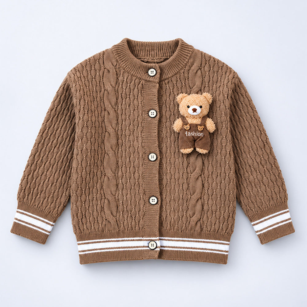 Little Surprise Box, Brown Cable-Knit Winter Cardigan Sweater with Detachable Teddy Clip for Kids