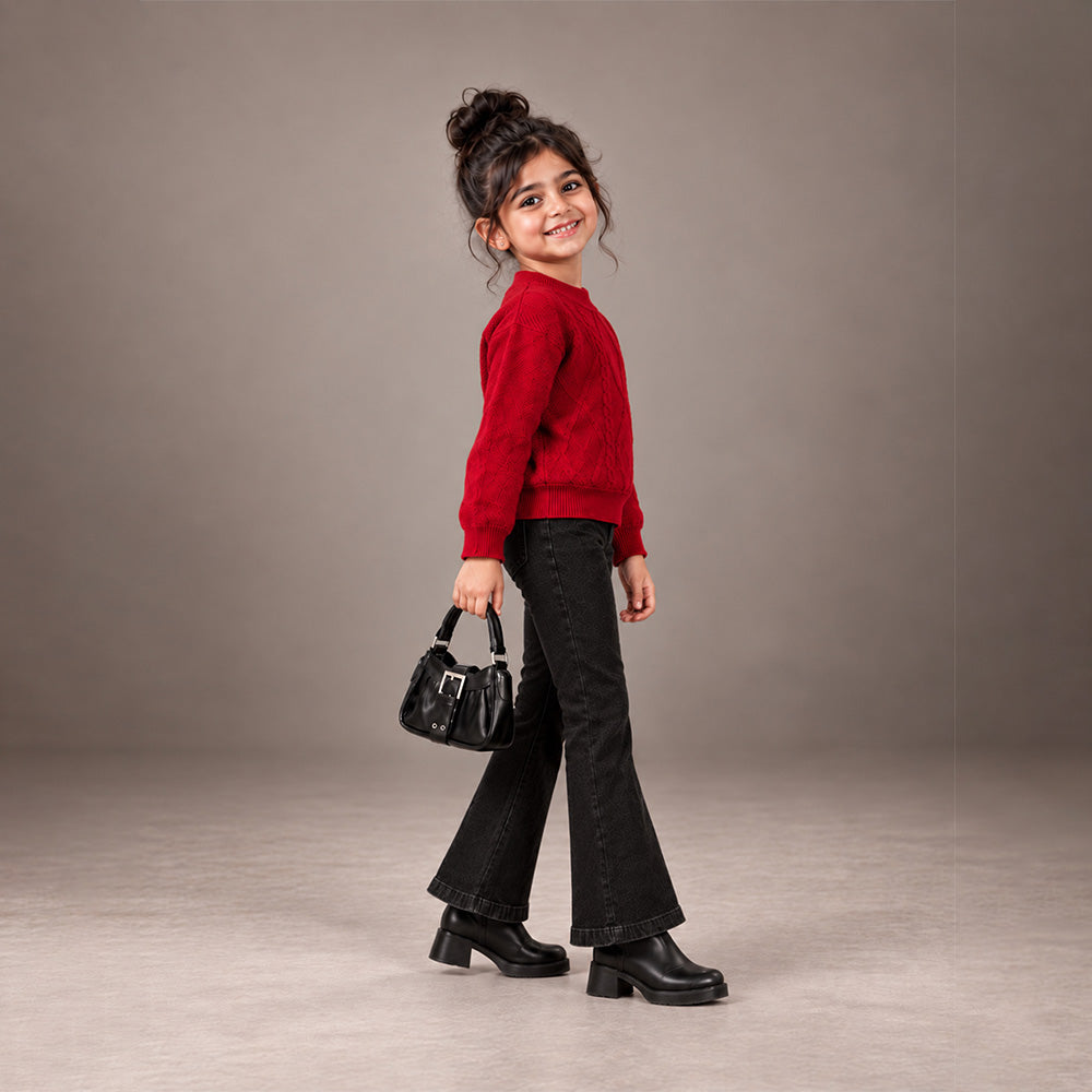 Little Surprise Box, Maroon Cable-Knit Winter Cardigan, Christmas Sweater for Kids