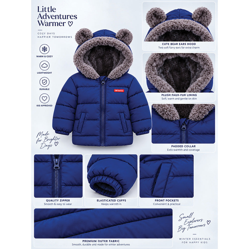 Little Surprise Box Navy Blue Bear-Ear Faux-Fur Hooded Quilted Winter Jacket for Kids