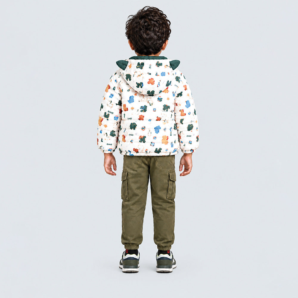 Little Surprise Box Cream & Green Baby Dino Quilted Hooded Winter Jacket for Kids