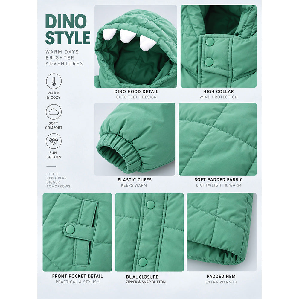 Little Surprise Box Mint Green Dino-Themed Quilted Hooded Winter Jacket for Kids