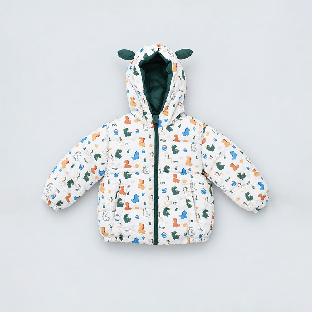 Little Surprise Box Cream & Green Baby Dino Quilted Hooded Winter Jacket for Kids