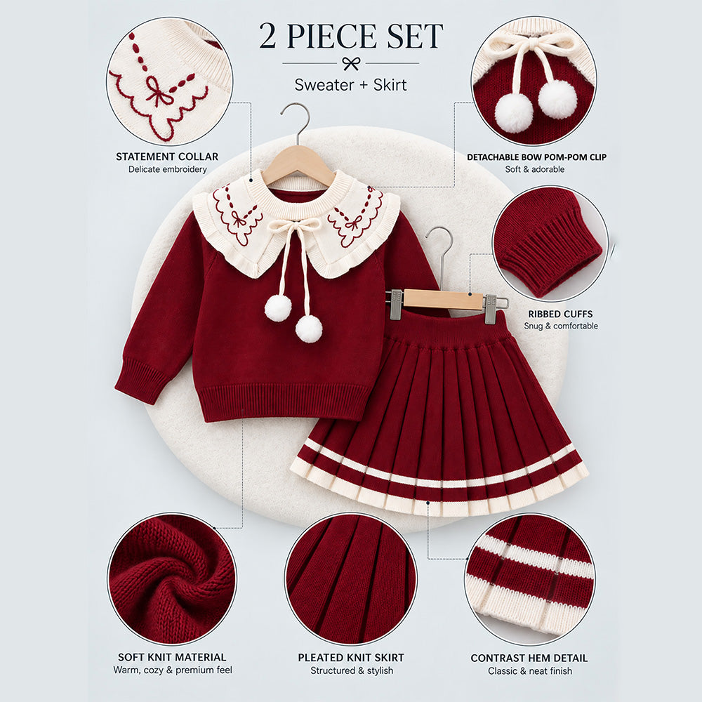 Little Surprise Box, Maroon Ruffle-Collar Sweater & Pleated Skirt with Bow Pom-Pom Clip, Winterwear 2 Pcs Set for Girls