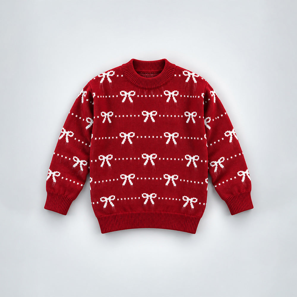 Little Surprise Box, Red White Bow Dotted Knitted Winter Cardigan, Christmas Sweater for Kids