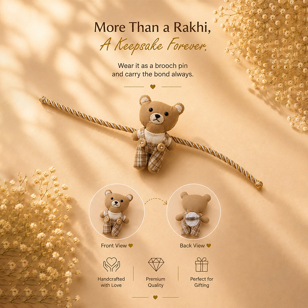 Dual-Style Plush Rakhi & Brooch for Kids - Checks Teddy Bear image 3