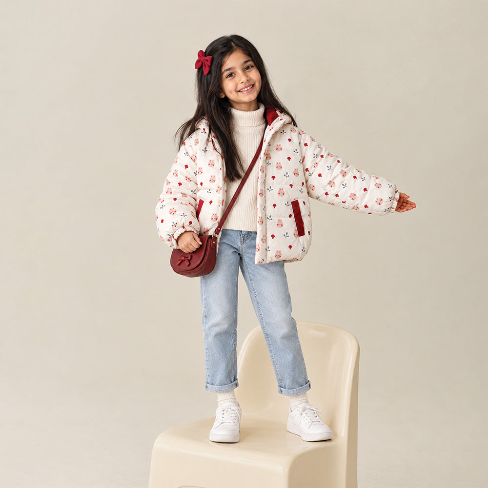 Little Surprise Box Cream & Brown Bunny Mushroom Quilted Hooded Winter Jacket for Kids