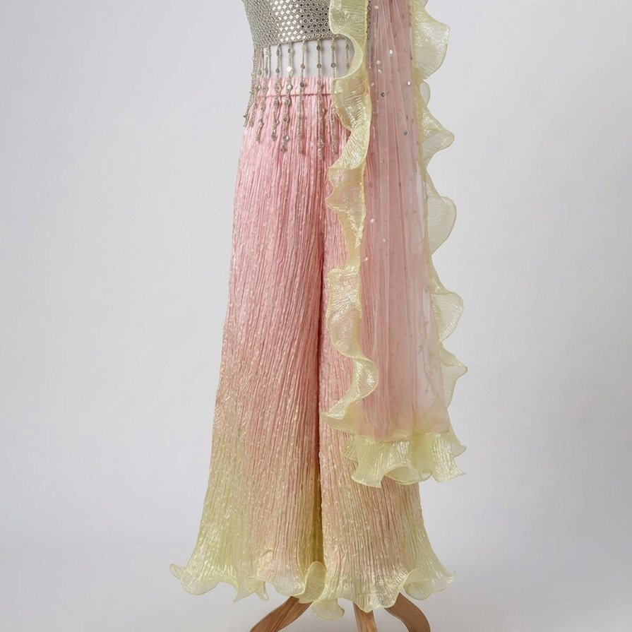 Ombre Mirror Embroidered Choli Palazzo & Dupatta Set - image 1