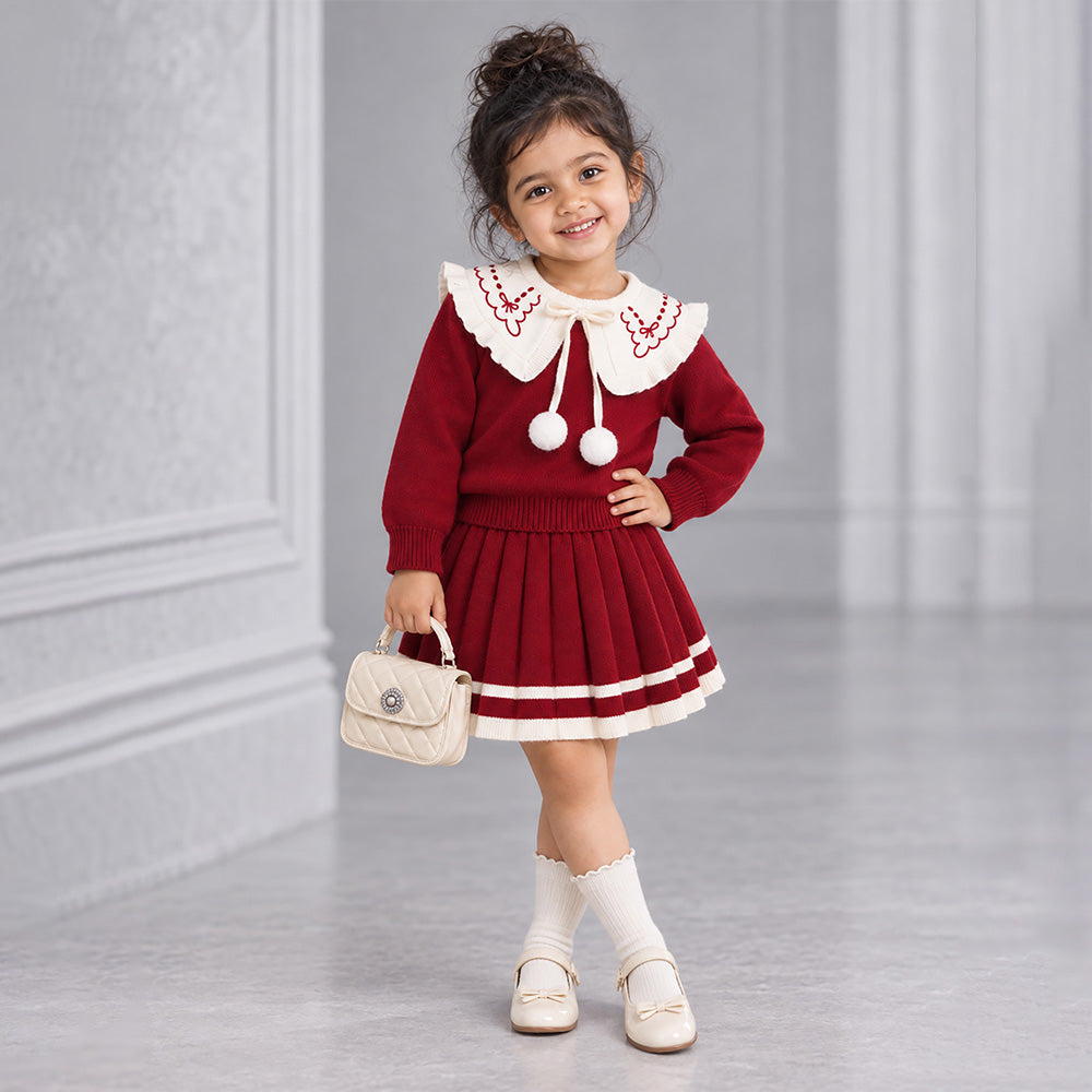 Little Surprise Box, Maroon Ruffle-Collar Sweater & Pleated Skirt with Bow Pom-Pom Clip, Winterwear 2 Pcs Set for Girls
