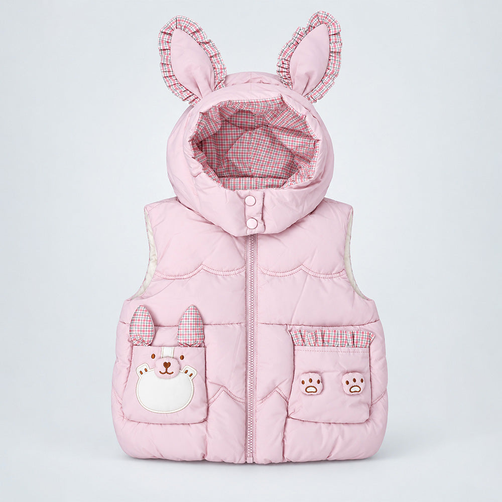 Little Surprise Box Peach Bunny-Themed Quilted Hooded Sleeveless Winter Jacket for Kids