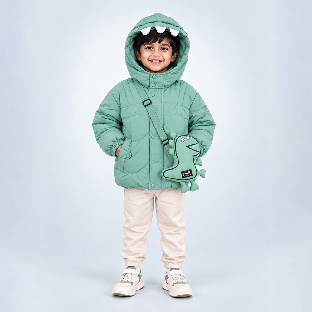 Little Surprise Box Mint Green Dino-Themed Quilted Hooded Winter Jacket for Kids