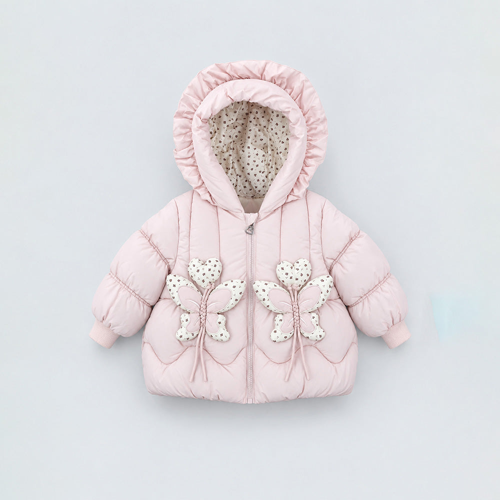 Little Surprise Box Peach Butterfly Heart Quilted Hooded Winter Jacket for Kids