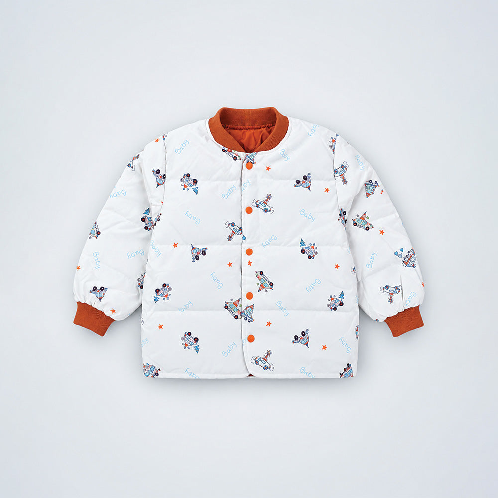 Little Surprise Box Ivory & Brown Plane Quilted Bomber Winter Jacket for Kids