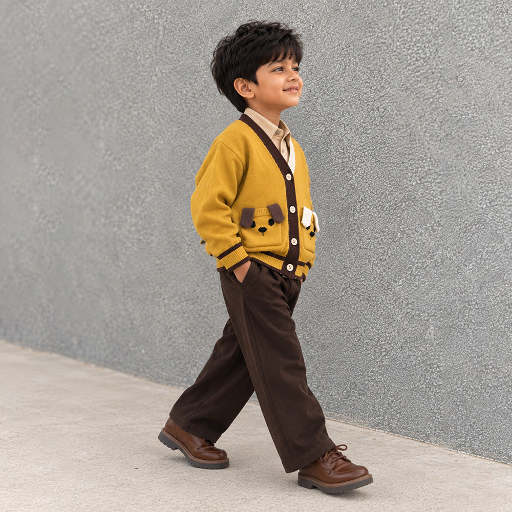 Little Surprise Box, Olive Yellow V-Neck Puppy Pocket V Neck Winter Cardigan Sweater for Kids