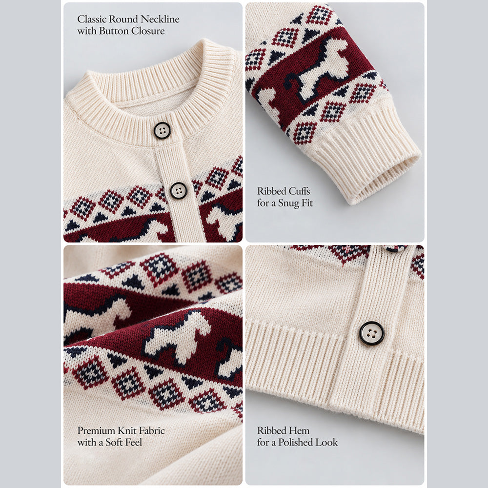 Little Surprise Box, Cream, Maroon & Navy Pattern Knitted Winter Cardigan, Christmas Sweater for Kids