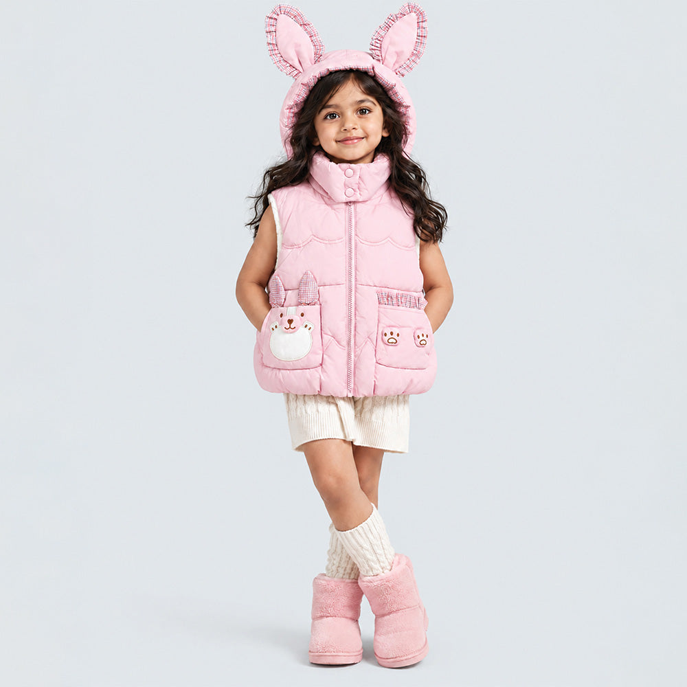 Little Surprise Box Peach Bunny-Themed Quilted Hooded Sleeveless Winter Jacket for Kids